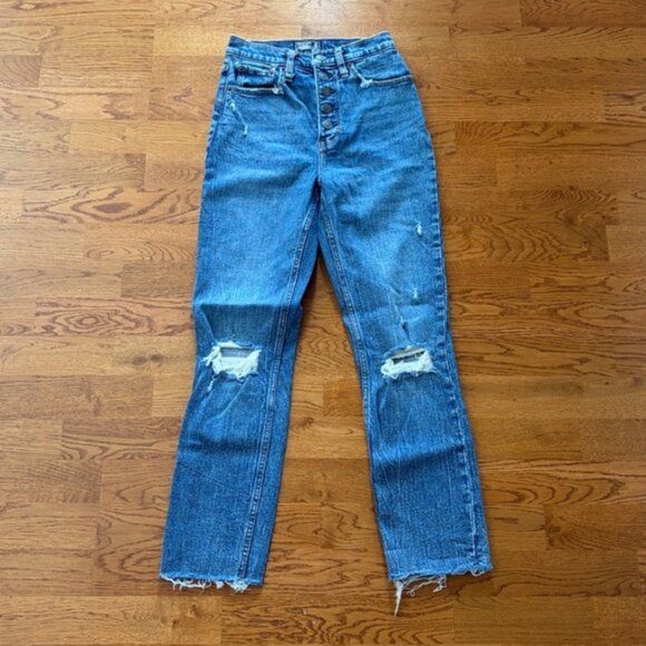 Abercrombie Ultra High Rise Mom Jeans Denim 24 00R Blue Ripped Raw Hem Straight - Picture 4 of 5